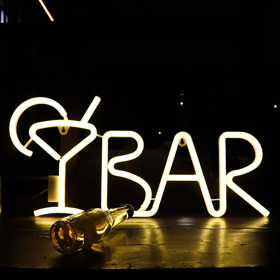 Néon Lumineux 'BAR' avec Verre Cocktail - beige doré