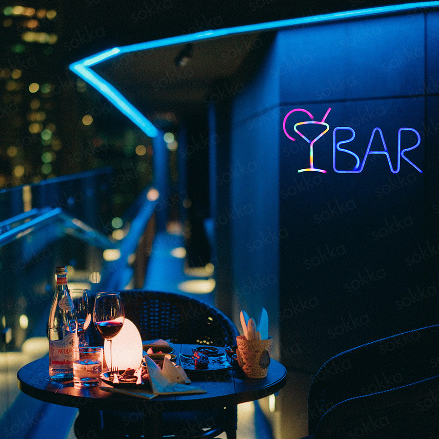 Néon Lumineux 'BAR' avec Verre Cocktail - bleu