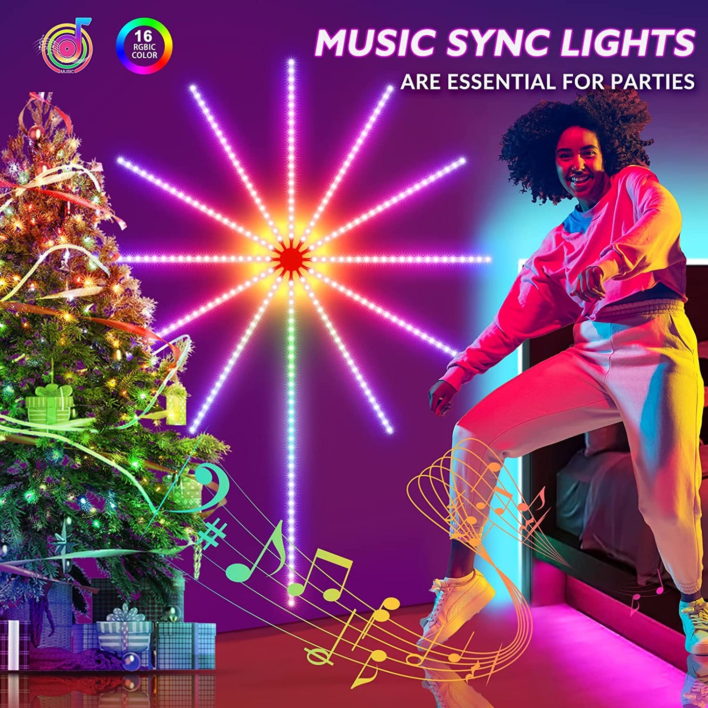 Bande LED Feu d'Artifice Synchro Musique – Télécommande, pour Fêtes et Chambres -  - 1