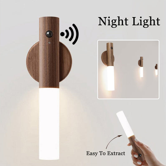 Lampe de Nuit Sans Fil en Bois avec Capteur de Mouvement PIR et Charge USB Magnétique -  - 1