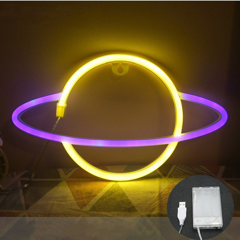 Lampe néon LED planète - jaune et violet